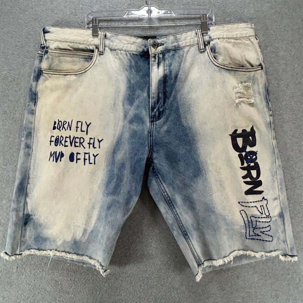 Born Fly Denim Shorts Mens 44 Blue Acid Wash Streetwear Hip Hop‎ Graphic